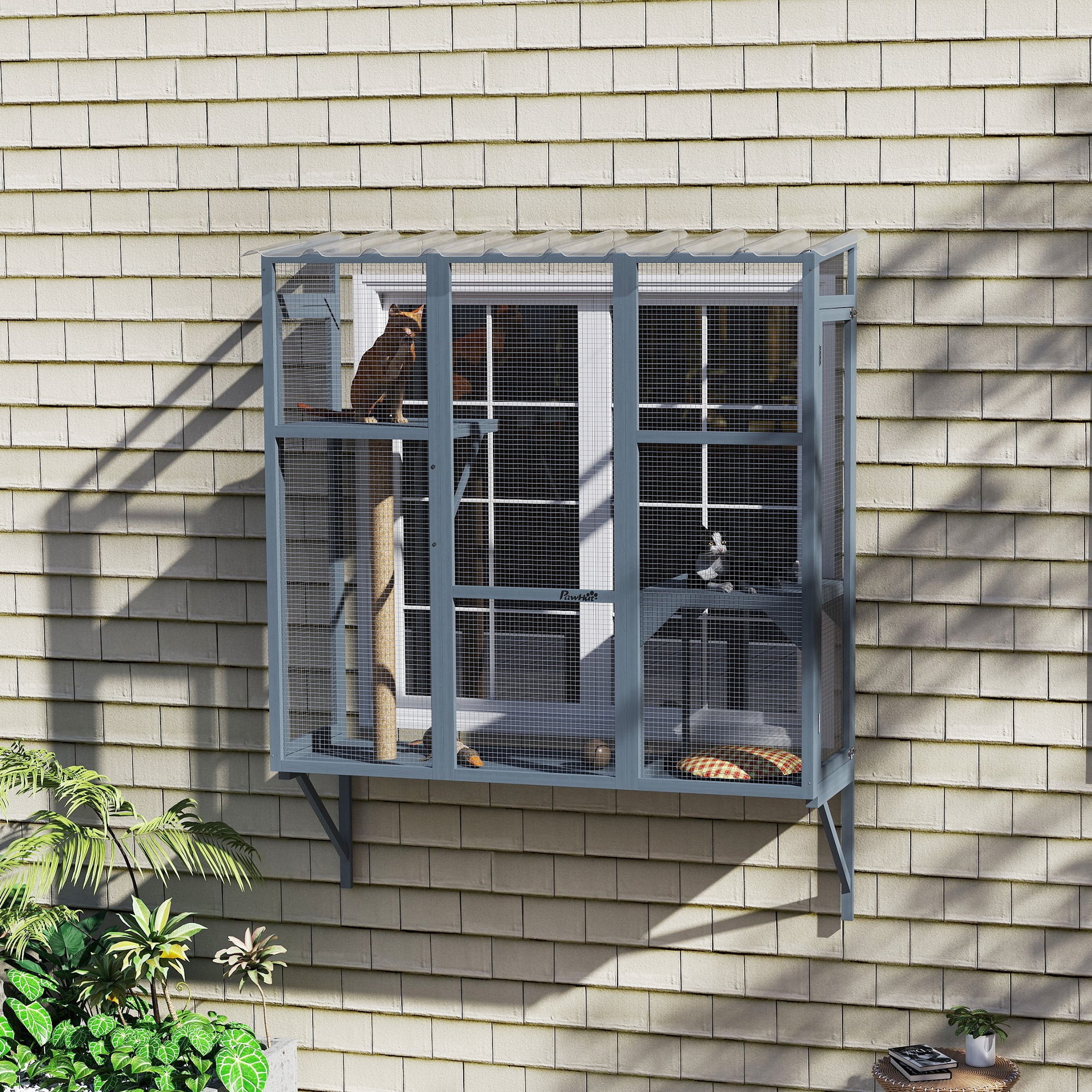 PawHut Catio Outdoor, Cat Window Catio for 2-3 Large Indoor Cats with 2 Jumping Platforms, Scratching Post, Cat Window Box for Playing, Sunbathing