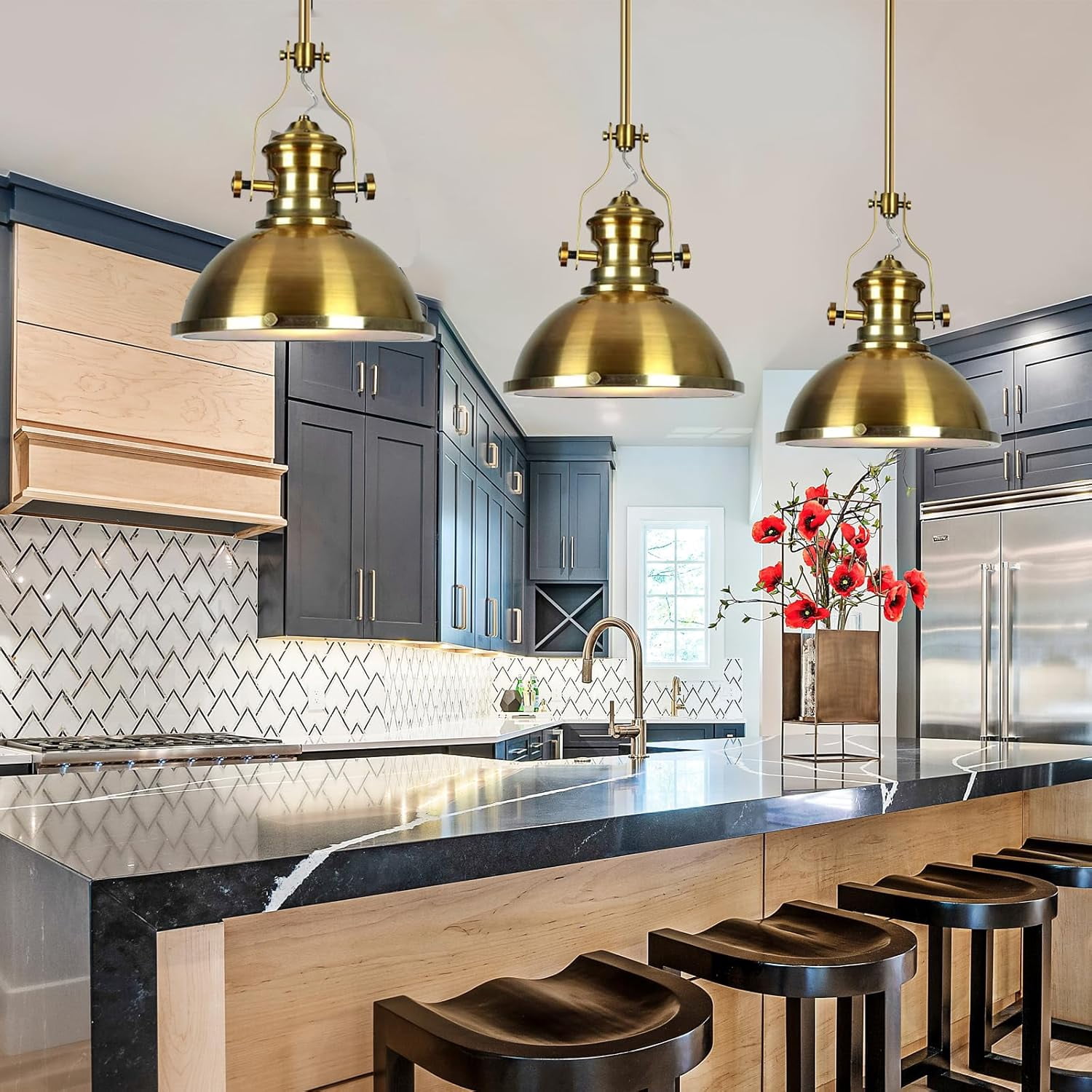 Hesmind Ceiling Pendant Light with Dia 12" Metal Shade and Diffuser Industrial Pendant Light Fixture for Kitchen Island Gold Farmhouse Pendant Light for Pool Tables Rod Hanging Pendant Fixture