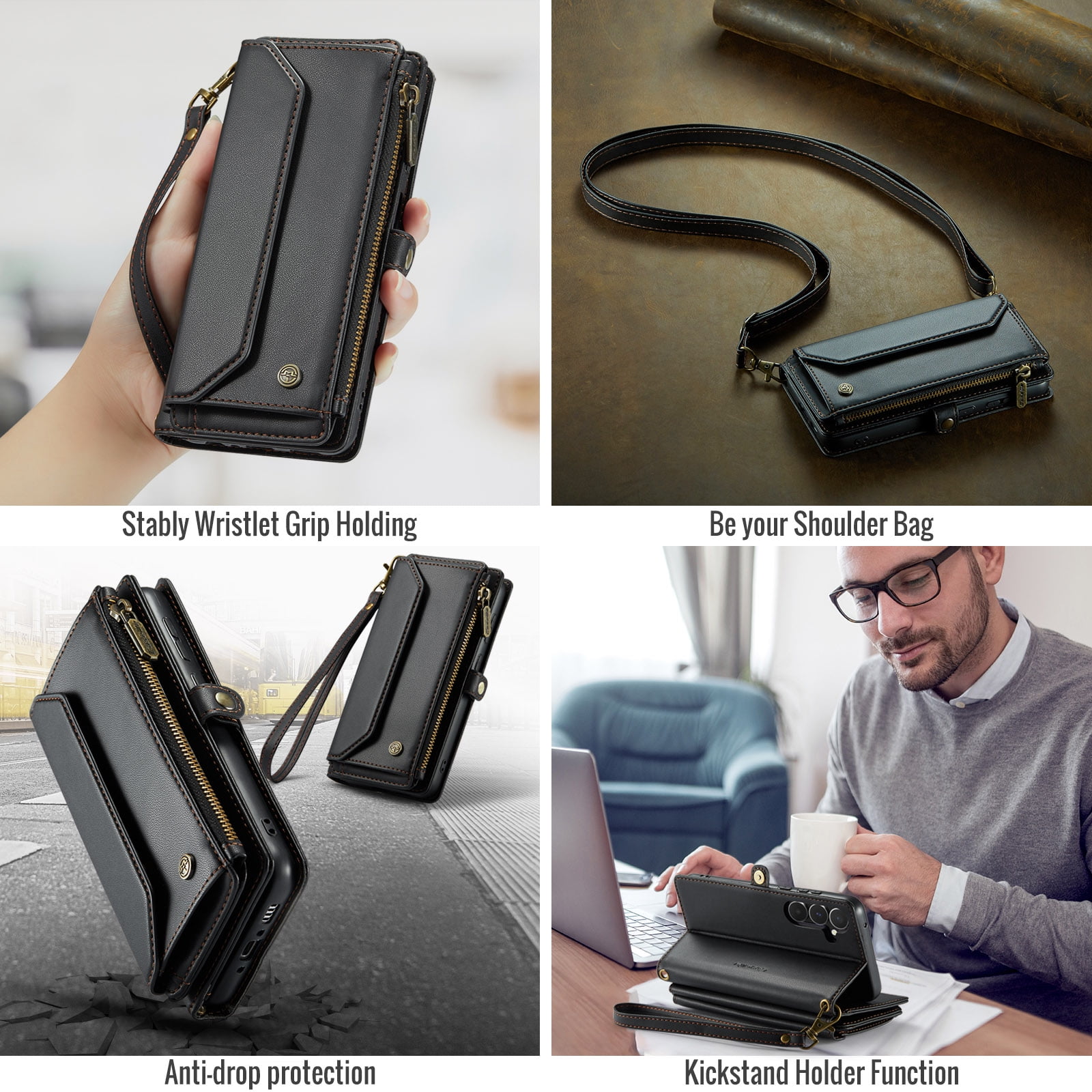 for Samsung Galaxy A14 5G Full Body Protection Wallet Folio Flip Case, Shoulder Strap & Wristlet Card Slots Zipper Pocket RFID Blocking Rugged Durable PU Leather Phone Case Cover, Black