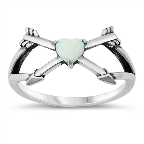 Heart White Simulated Opal Crossed Arrow Ring Sterling Silver Size 9