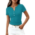 thumbnail image 2 of Dwellite Womens Short Sleeve Henley Shirts V Neck Solid Tops Fitted Basic Casual shirts Summer Blouses 2026 Turquoise M, 2 of 6
