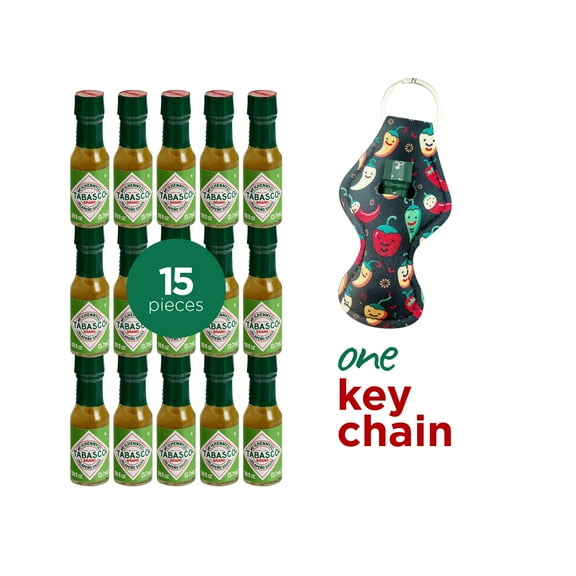 Primo Lines 15pcs Mini Tabasco Bottles with 1 Mexican Hat Keychain – Green Pepper Flavor Hot Sauce 3.7 ml each, Mexican Spice for Fruits, Snacks, Drinks & Travel