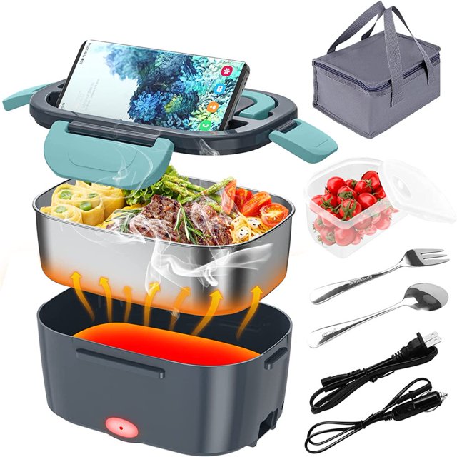 Electric Lunch Box 60W Food Warmer Heater 12V 24V 110V Faster Heated Lunch Box for Car/Truck/Home Portable Heating Boxes with 1.5L 306 SS Container Fork & Spoon
