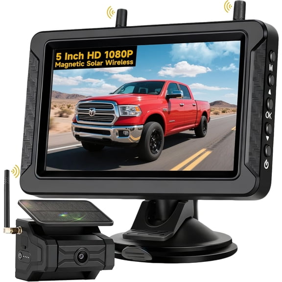 Solar  Backup Camera for  RV  Trailer Pickup:  1080P No Wiring No Drilling 150? Wide Angle IP69K   Portable Backup Camera with 5" IPS 2-Split