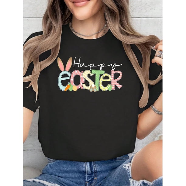 Happy Easter Print T-Shirt, Casual Crew Neck Short Sleeve Comfort Tee Top For Spring & Summer, Women's Clothing Tee For Adult, Men, Women, Teen, Teenager, Adolescent, Youth.