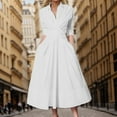 thumbnail image 4 of Ladies Stylish Dresses Solid Color High Waisted Long Sleeve Collared Belted Pleated Pocket Work Party Dress Office Workwear Sundress For Woman, 4 of 11