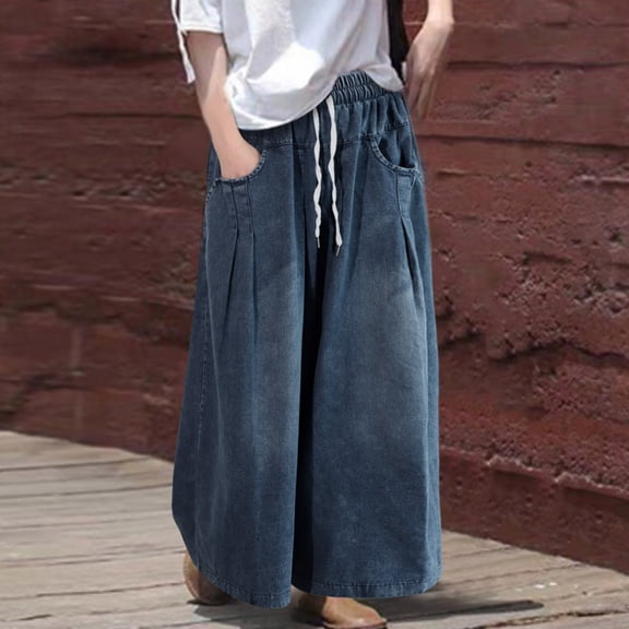 Women Wide Leg Baggy Jeans Plus Size Loose Elastic Waist Denim Pants With Deep Pockets Light Blue Womens Pants 14 Tall Jean Pants for Women Party Ladies Pants Size 14 Womens Stretch Straight Leg Pants