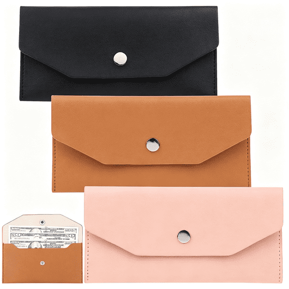 AOMRCOL 3Pcs Leather Cash Envelopes Wallet Budget Envelope Wallet Bag Waterproof Flat Wallet Metal Snap Reusable Envelopes Purse for Cash Cards Women Girls Wedding Birthday