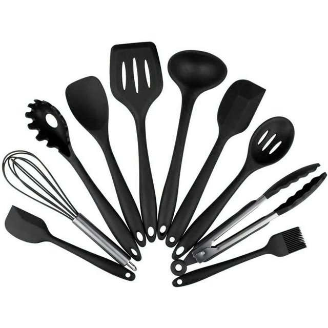 Juego de 10 utensilios de cocina de silicona sin BPA LAOSD 10 piezas negras
