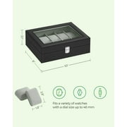 10-Slot Watch Box, Black Synthetic Leather, Glass Lid, Removable Pillows, Gray Lining, Watch Organizer