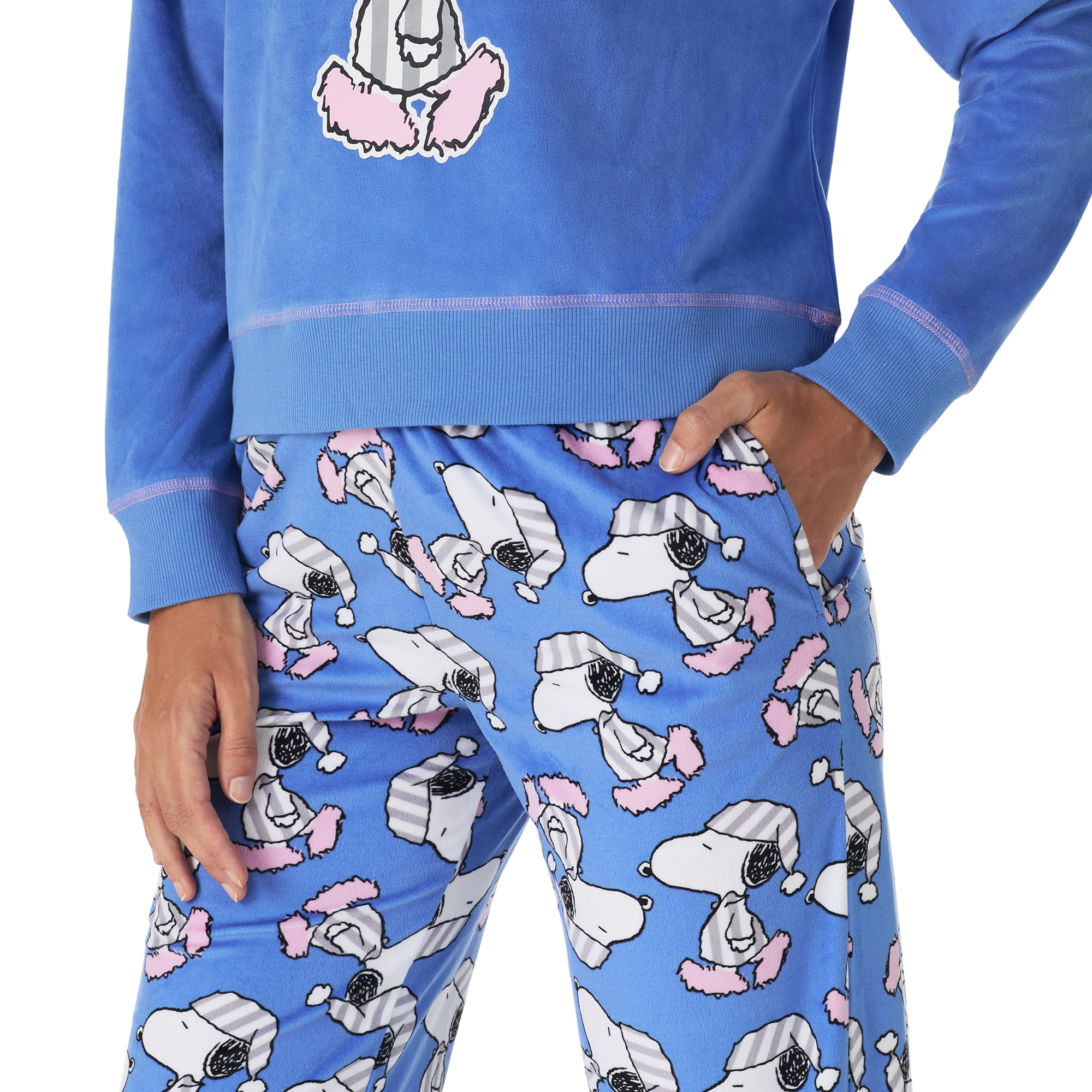 Richard Leeds International Womens Snoopy Peanuts Matching 2 Piece Long Sleeve Pajama Top & PJs Jogger Pants Set with Pockets - Soft & Cozy Sleep & Loungewear Pajamas Sets for Women, Blue, L