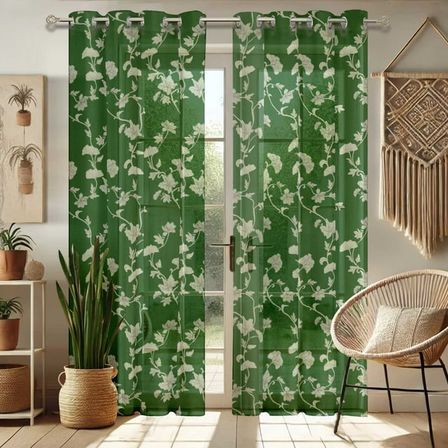 Vargottam Green Floral Vine Design Sheer Georgette Curtains for French Doors & Balcony - 2 Panels, 96" Long, Light Filtering, Grommet Top Printed Drapes for Living Room or Lounge