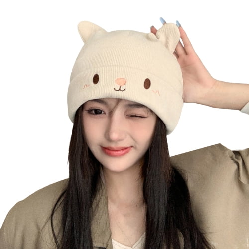正規通販 Embroidered Mightlink Face Cozy Beanie, Knitted Ears Cat and Clothing