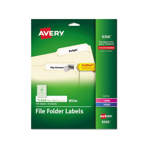 Permanent TrueBlock File Folder Labels with Sure Feed Technology 0.66 x 3.44, White, 30/Sheet, 25 Sheets/Pack