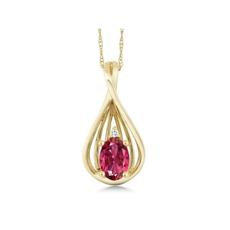 Oval Pink Tourmaline Pendant - 10K Yellow Gold 0.38 Ct Oval Pink Tourmaline and Diamond Pendant With Chain