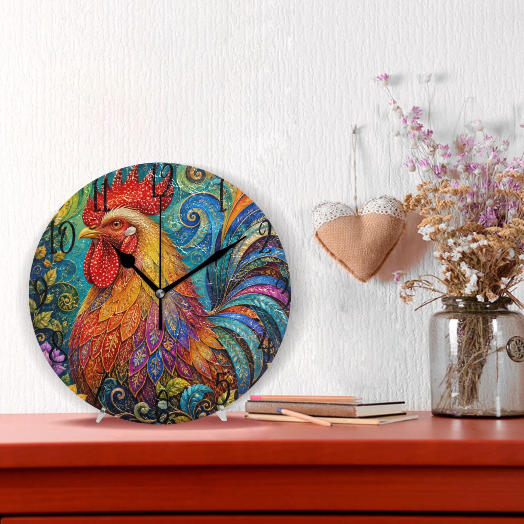 10 Quartz Indoor Wall Clock Silent Mechanism / Ornate Golden Rooster Painting