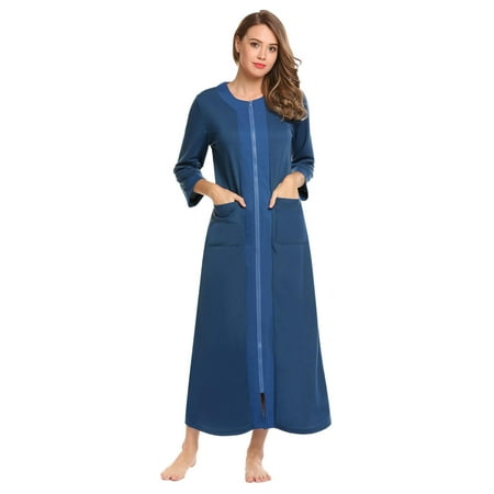 Cotton Solid Pockets Zipper - Women Casual O-Neck 3/4 Sleeve Solid Zipper Pocket Loose Sleepwear Nightwear Dress HFON