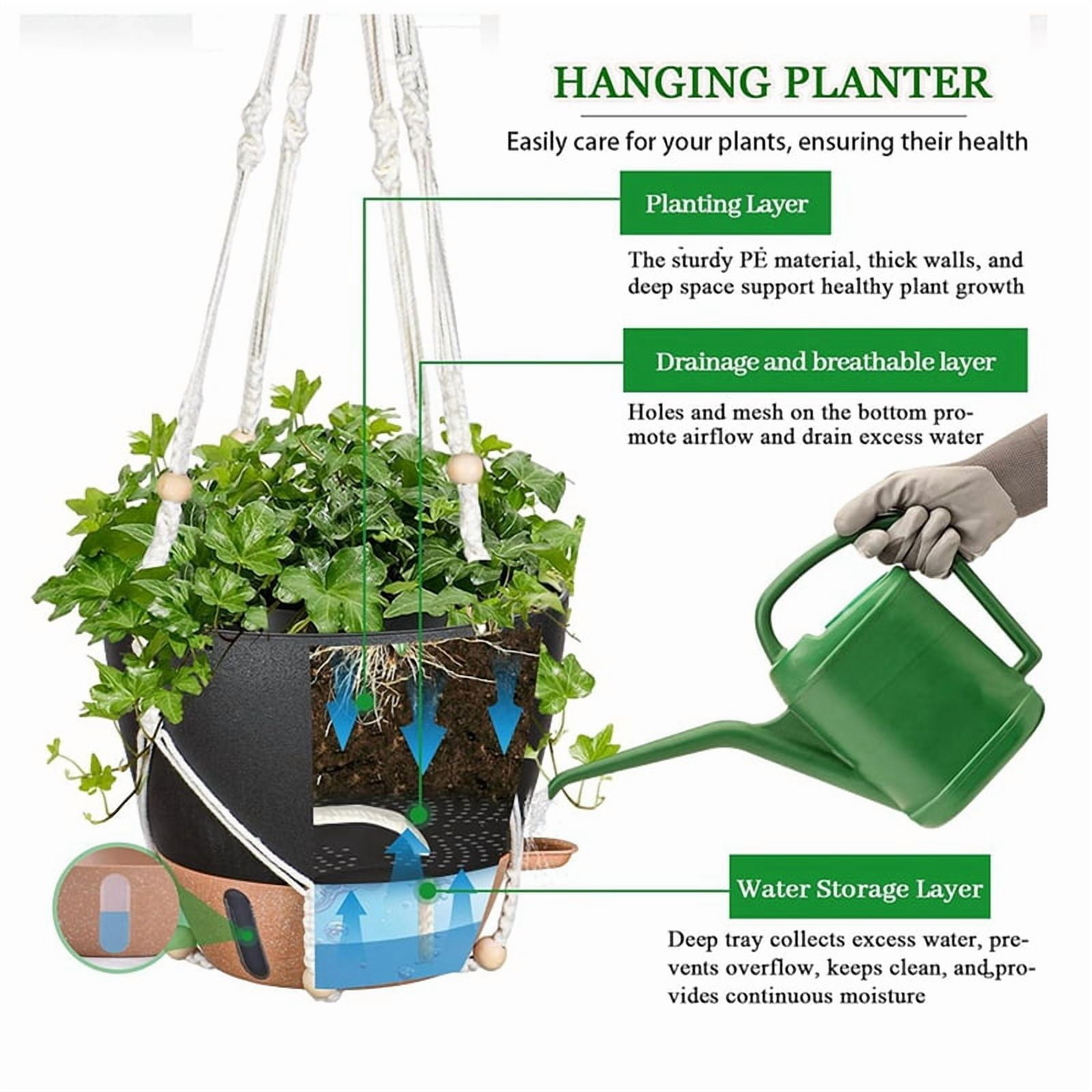 10 Inch Hanging Planter for Indoor Plants, 2 Pack Self Watering Hanging Baskets Flower Pots with Drainage Hole Black
