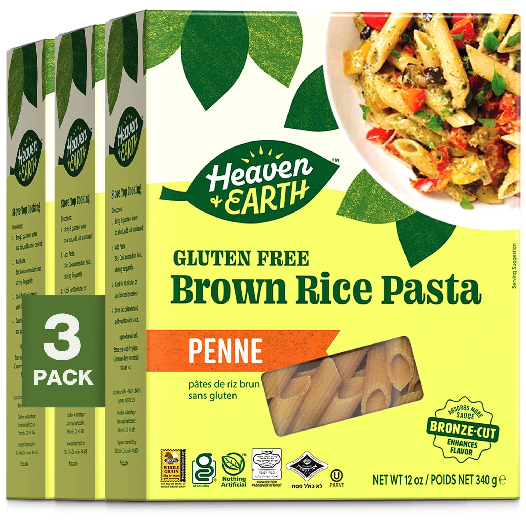 Heaven & Earth Brown Rice Pasta Gluten-Free Penne 12oz (3 Pack) | Whole Grain Gluten-Free Pasta