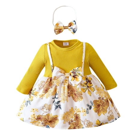 

Ydojg Cute Baby Toddler Girls Dress Dress Winter Long Sleeve Flower Print Bow Princess Dress With Headbands For 12-18 Months