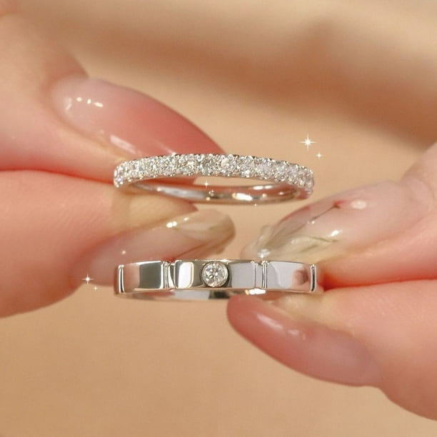 Anillo de bodas pequeño brillante de plata esterlina S925 para parejas, anillo de fila con diamantes de moissanita, anillo de pareja a juego para mujer