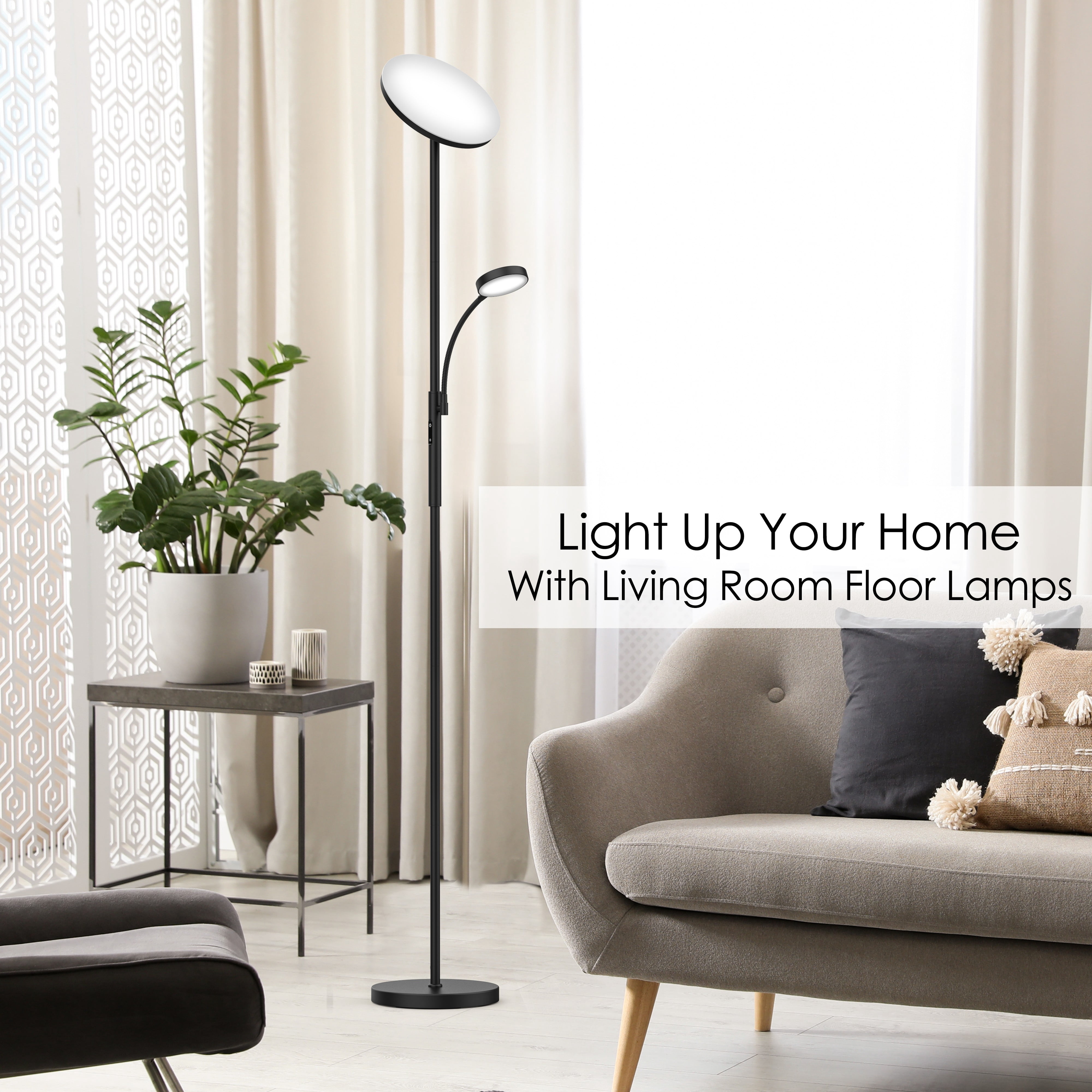 LED Floor Lamp for Bright Living Room Lighting, Dual-Head 27W/2000LM Main & 7W/350LM Side Reading Lamp, 3 Adjustable Colors with Remote & Touch Control