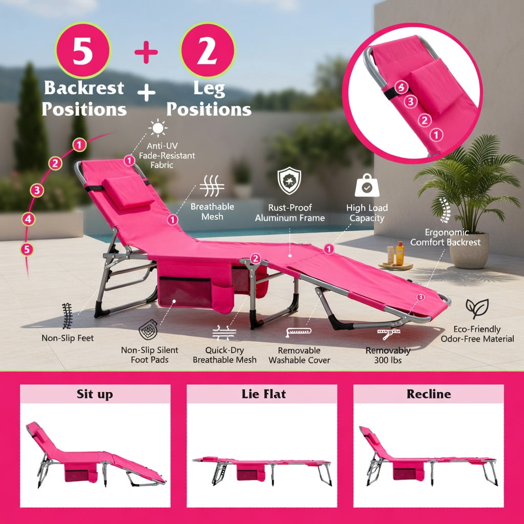 Hommoo 5-Position Adjustable Outdoor Folding Chaise Lounge Chair with Removable Pillow, Pink
