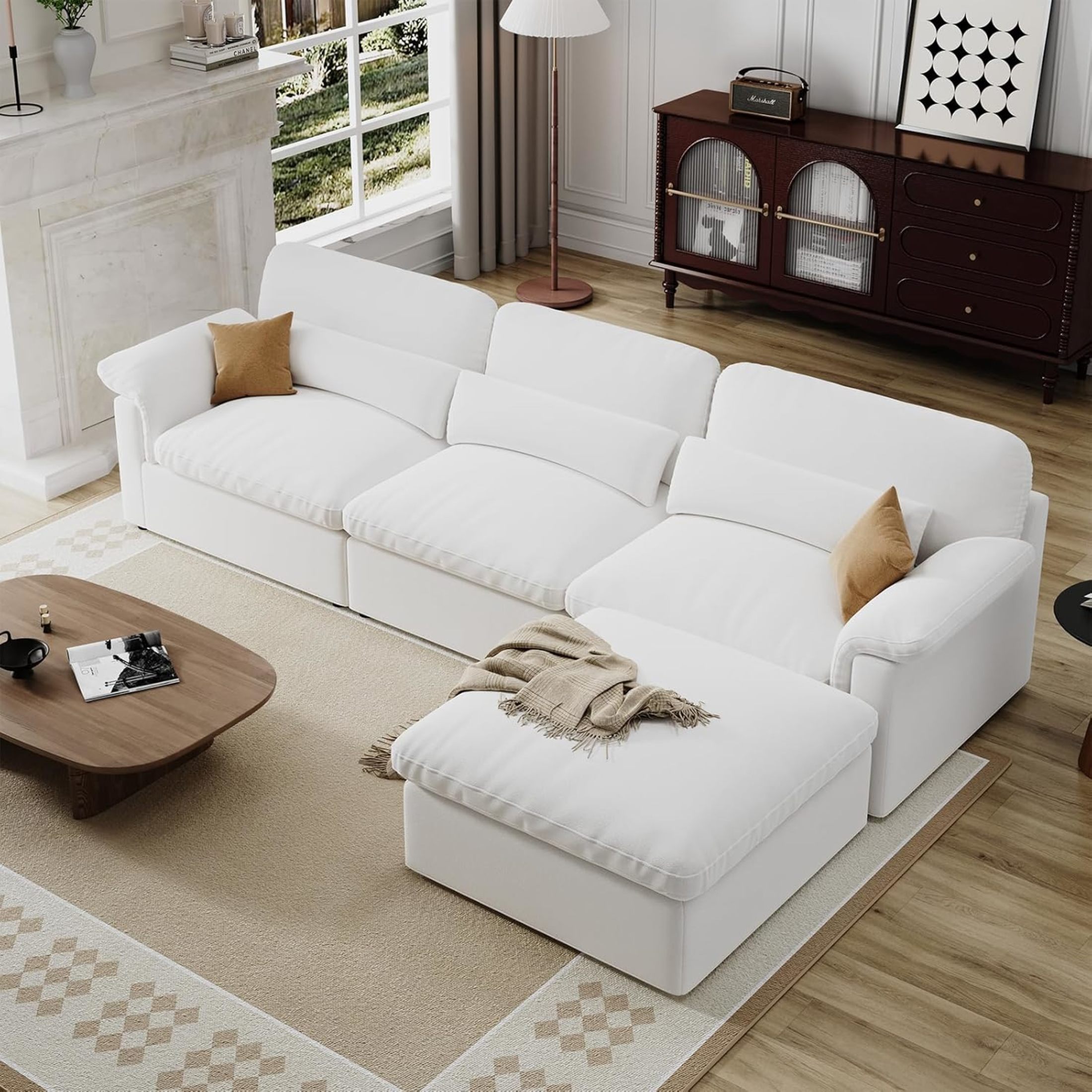 Noble House 115" Minimalist Sectional Sofa, Ottoman with Storage, Down-Filled Cushions, Chenille Fabric, White