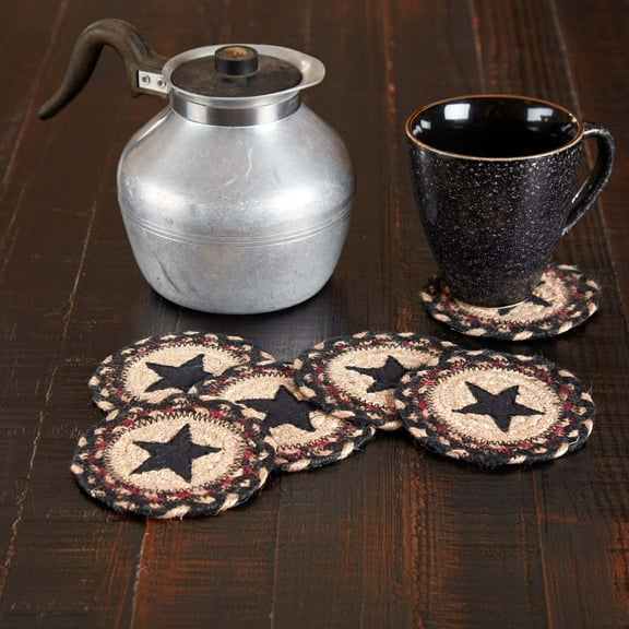 VHC Brands Colonial Star Coasters, Tan Black Red Stars, Jute Blend, Round Circle, Set of 6 Coasters