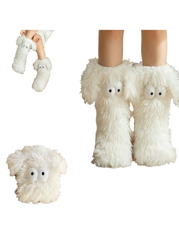 Fluffy Monster Slipper Socks, Cute Big Eye Floppy Ear Plush Slipper Socks, Non-Slip Warm Winter Cozy Home Socks for Women Indoor Wear