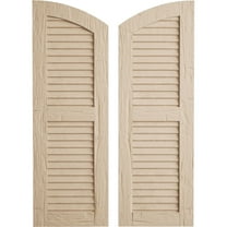 Ekena Millwork 18"W x 26"H (20" Low Side) Timberthane Hand Hewn Two Equal Louver w/Elliptical Top Faux Wood Shutters (Per Pair), Primed Tan