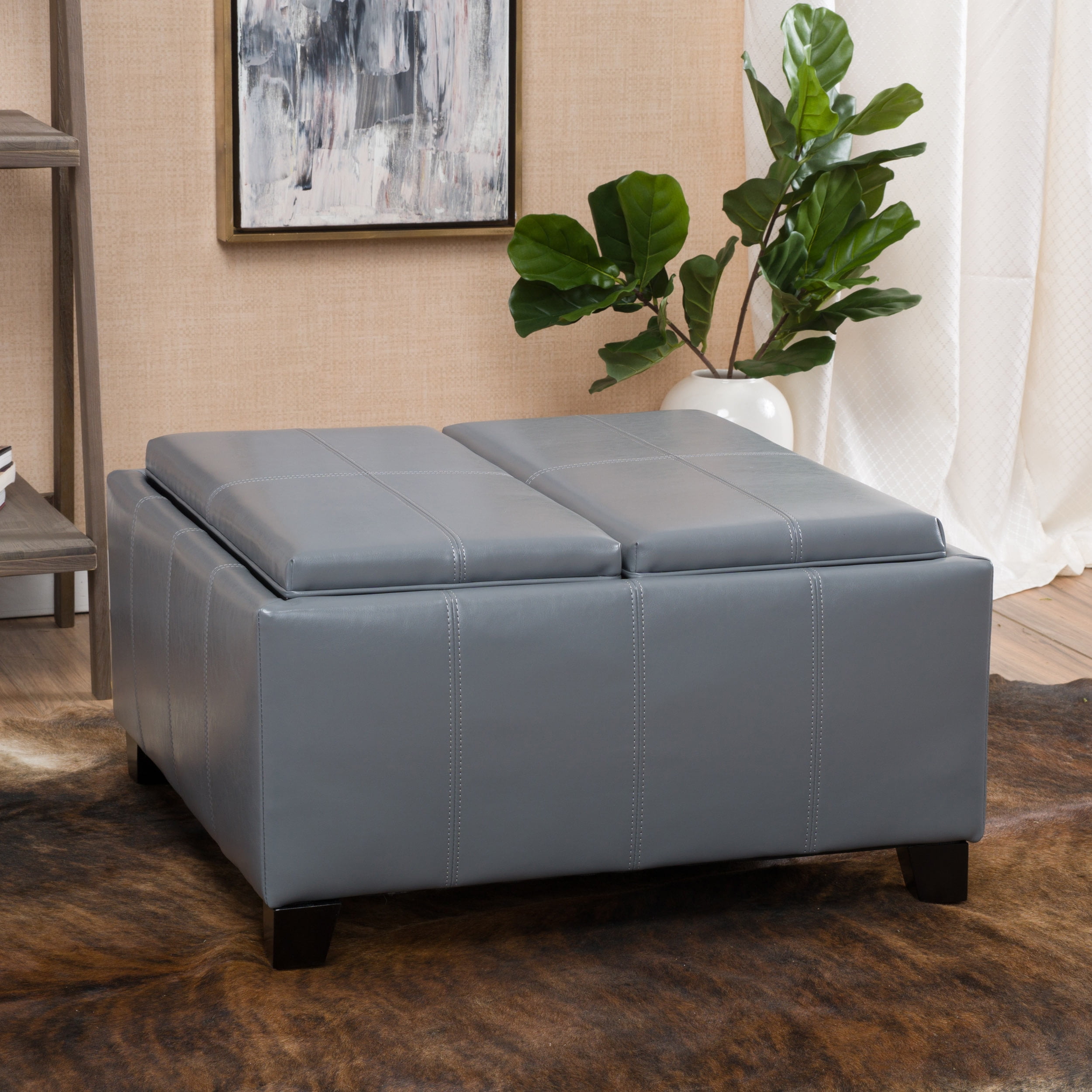 Noble House Hudson Tray Top Leather Storage Ottoman, Gray