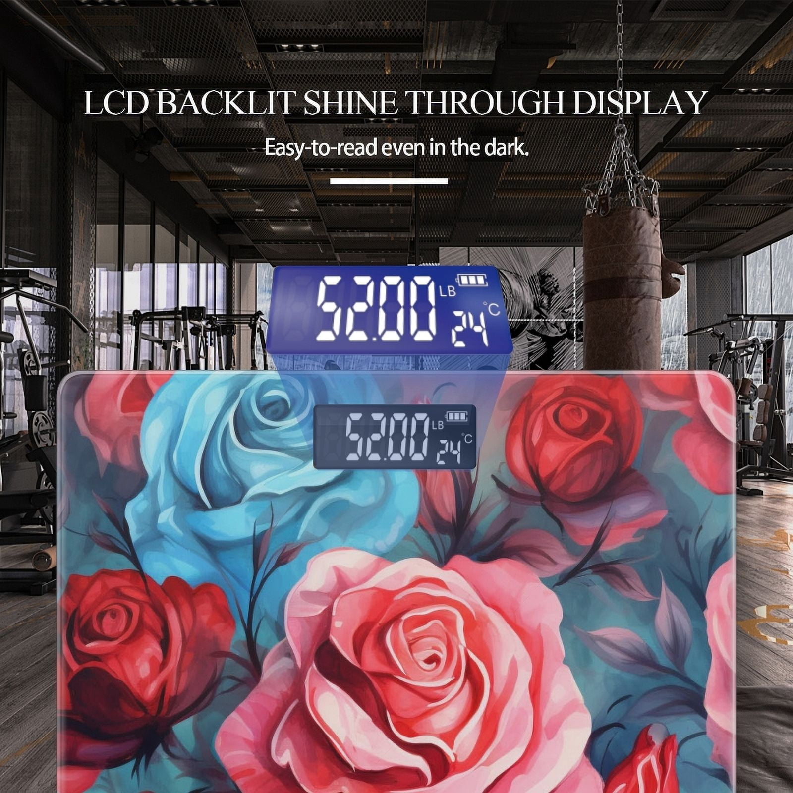 High Precision Body Weight Scale Smart Bathroom Scales with Large LCD Display(400lbs),Decorative for Bedroom-Red And Pink Roses With Blue Accents