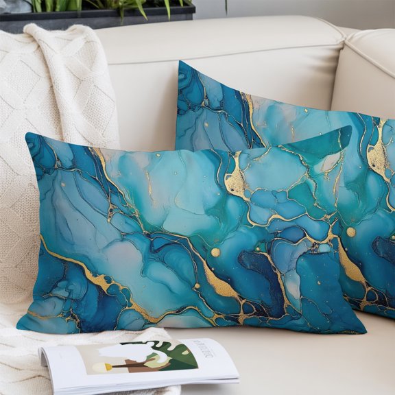 Modern Turquoise Pillow Covers 20x26 Inch Standard Size, Abstract Teal Gold Marble Textured Decorative Pillowcase with Zipper, Microfiber Pillow Protector, Breathable Pillowcases for Couch Sofa Bed