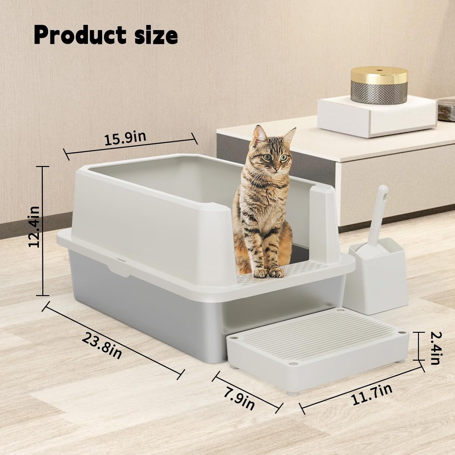 Open Cat Litter Box: Large Beige Stainless Steel Litter Pan 23.8" x 15.9" x 12.4" - High Sided Splash-Proof Easy Clean Toilet for Cats up to 20 lbs - Ideal for - Laundry Areas - Apartments