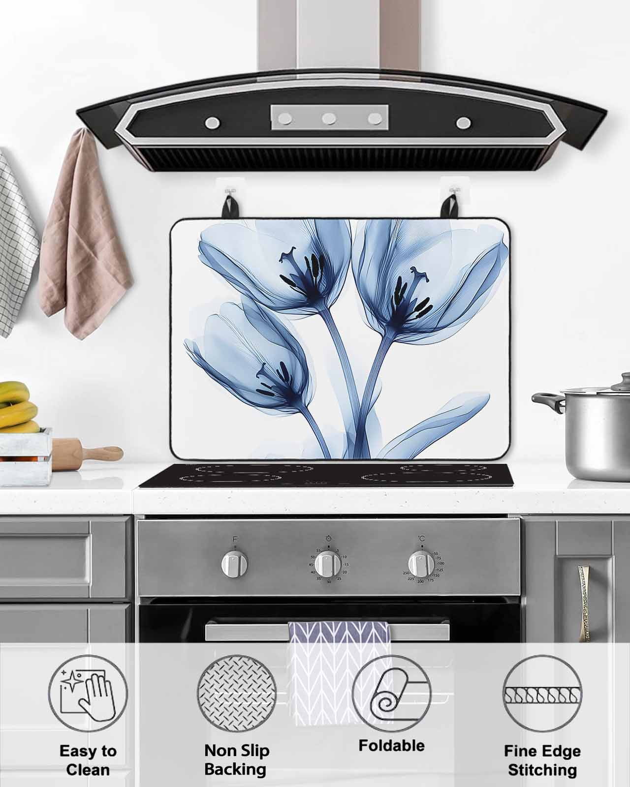 nqOlkjepod Large Induction Cooktop Protector Mat 36"x21", Blue Flowers Stove Top Covers for Electric Stove, Gradient Botanical Tulip Floral Plants Stove Burner Cover Mats, Glass Top Stove Cover