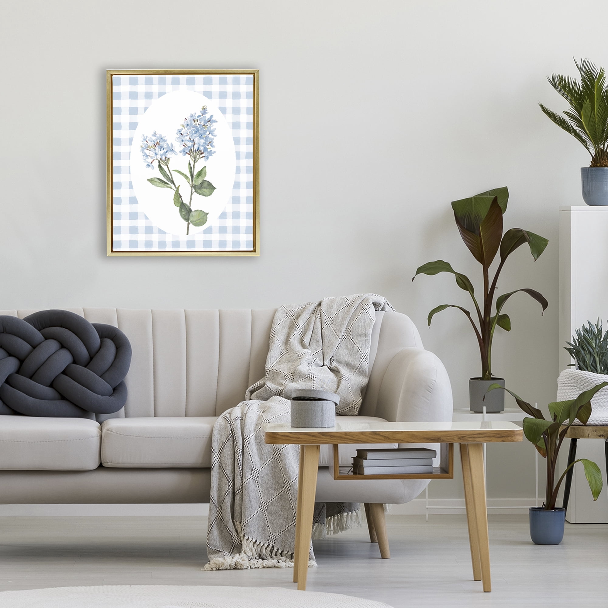 Stupell Industries Blue Checkered Blooms Gold Framed Floater Canvas Wall Art, design by Lanie Loreth