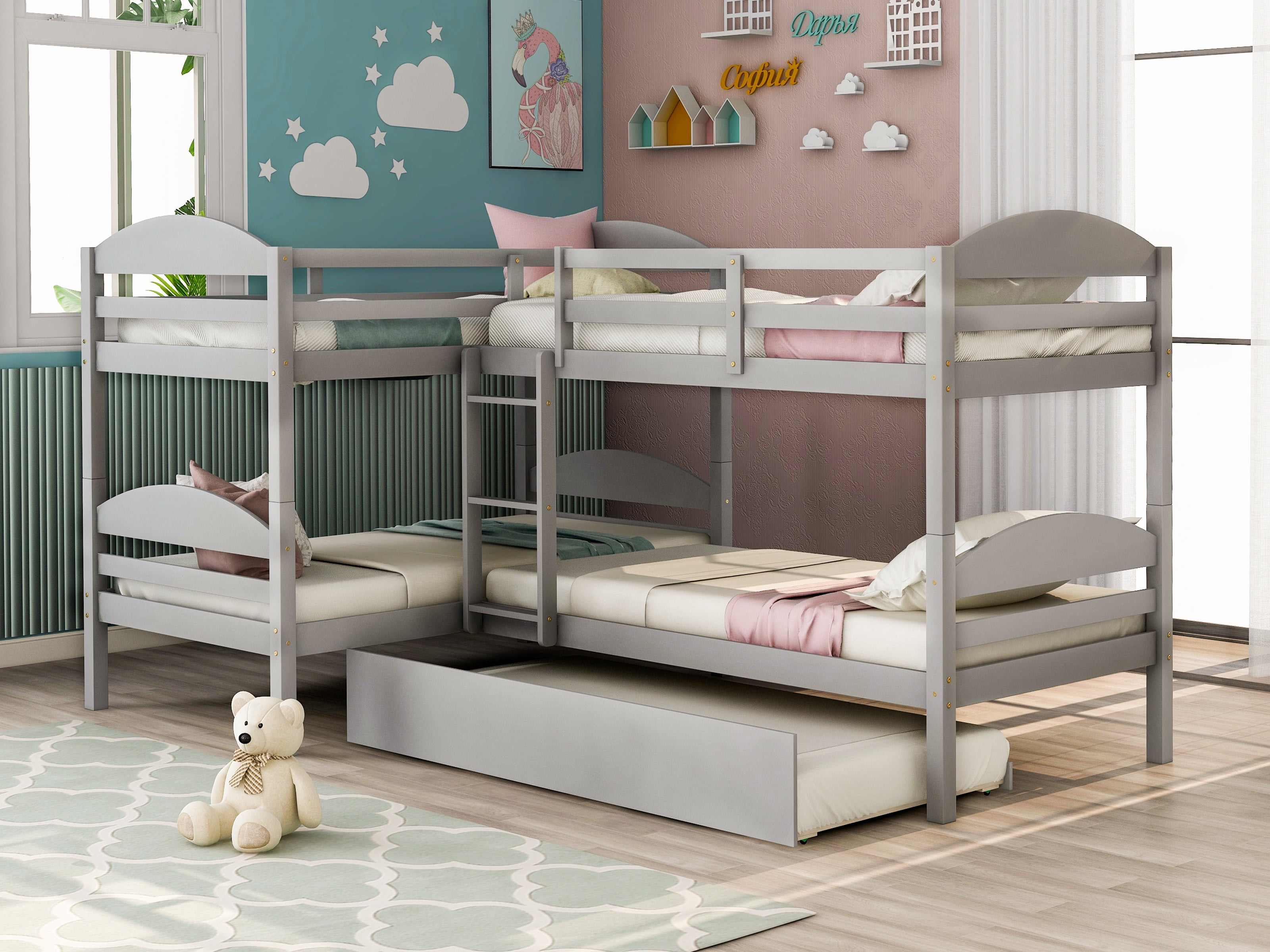 L Shaped Corner Bunk Bed With Trundle, Corner Twin Beds With Trundle