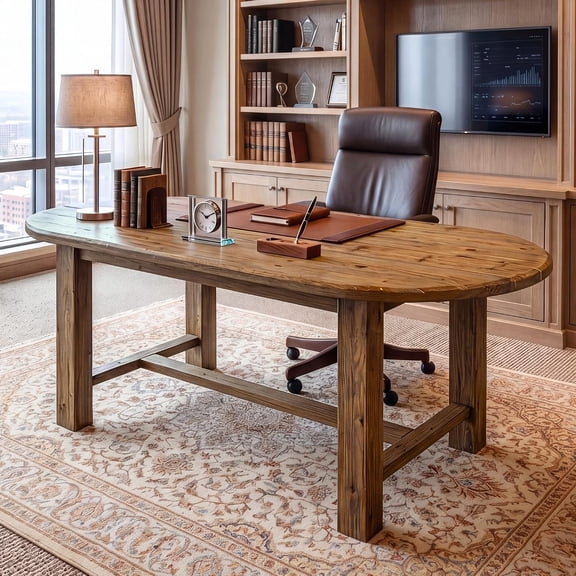 Finmind 63'' Solid Wood Executive Desk, Oval Office Desk, Living Room, Brown