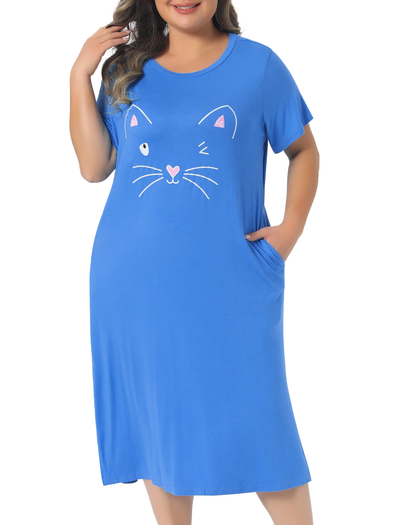 DARING DIVA Women's Plus Size Cute Cat Print Pockets Nightgown 1X Blue