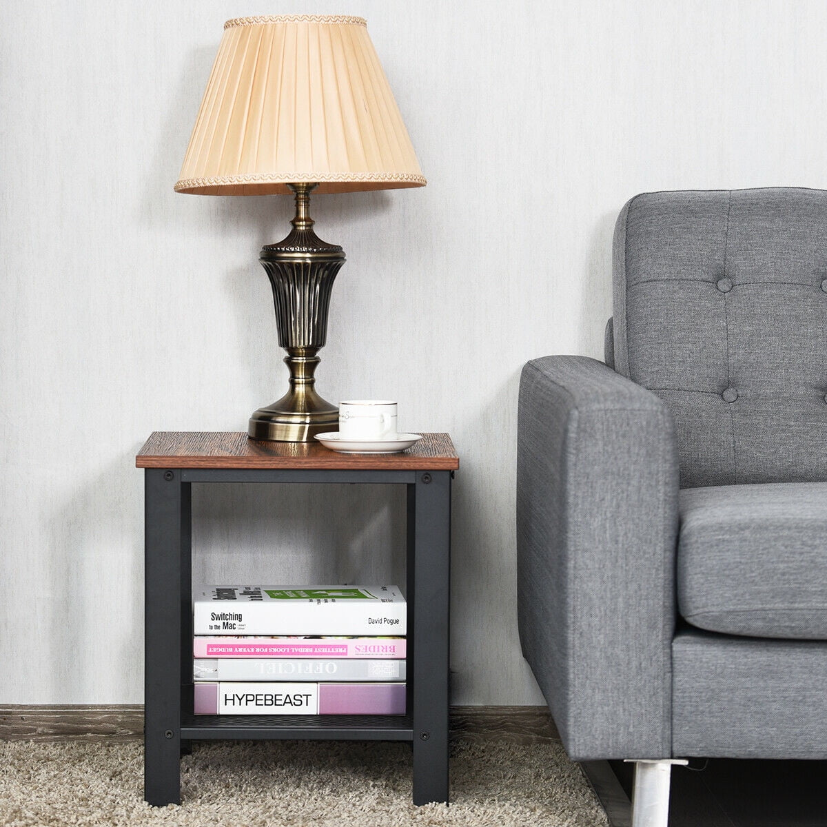 Gymax End Table with Storage Shelf, Black/Brown