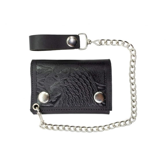 Black Men's Genuine Leather Biker Trifold Wallet Long Chain Trucker Motorcyclist