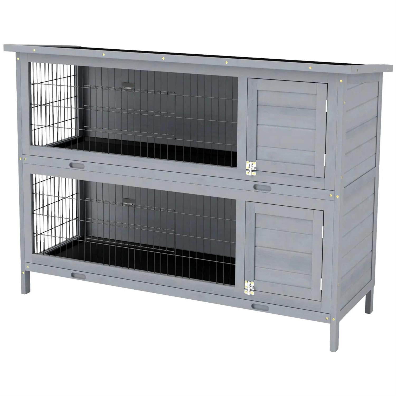 Pefilos 54" Wooden Rabbit Hutch with Lockable Doors, No Leak Tray, Outdoor Bunny Enclosure Guinea Pig Cage for Small Animals, Gray