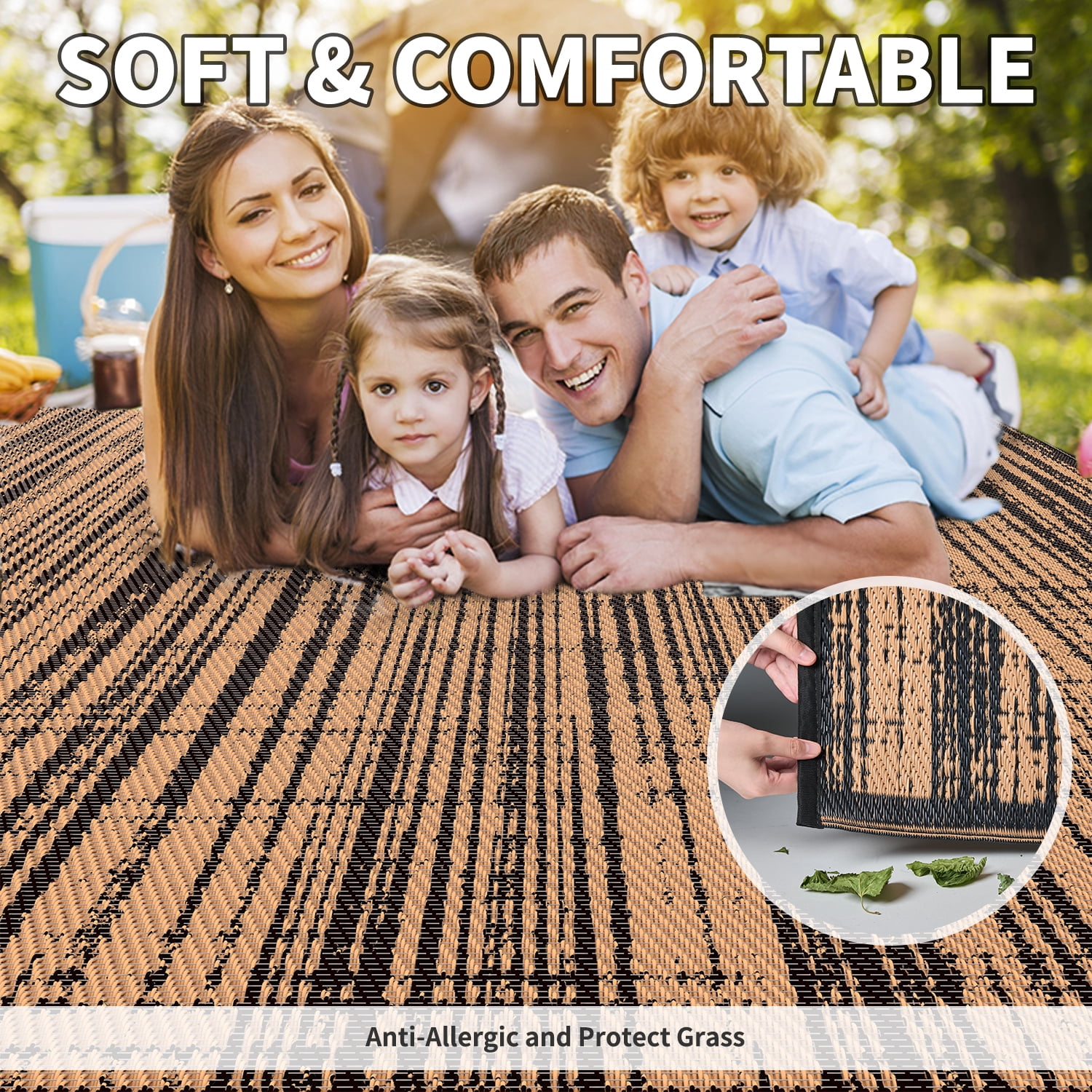 VUNATE Outdoor Rug Carpet 6'x9' Waterproof Reversible Patio Rug Portable Modern Abstract Indoor Outdoor Rug Plastic Straw Rug for RV Camping Garden Picnic Deck Backyard Porch Decor Black and Brown
