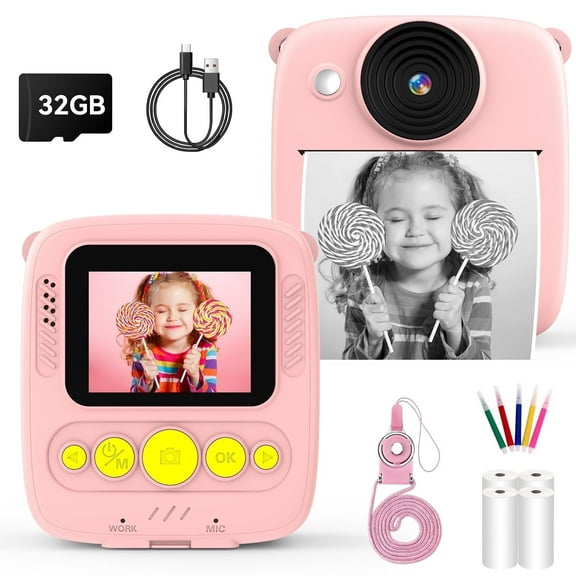 MARVUE Instant Print Camera, Digital Video Cameras for Toddler Girls Age 6-12, Pink