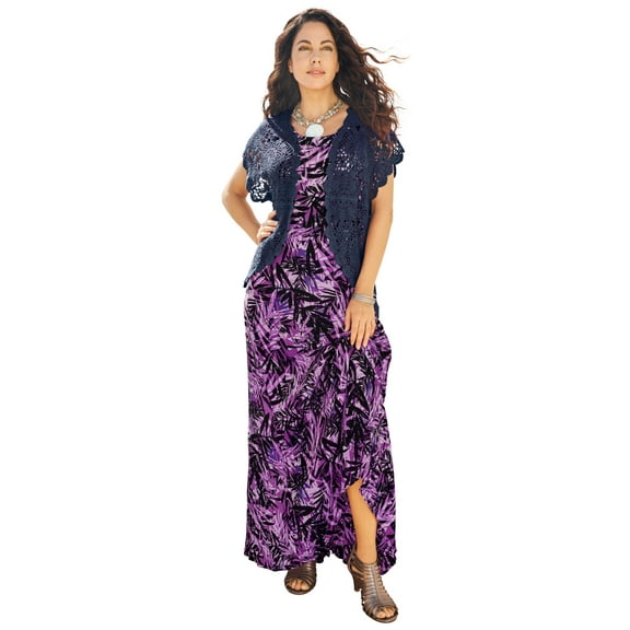 Roaman's Women's Plus Size Scallop Trim Crochet Cardigan Sweater