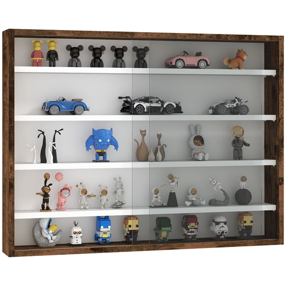Rustic Brown 5-Tier Glass Display Cabinet, Wall-Mounted Curio Case with 2 Glass Doors and 4 Adjustable Shelves, Particleboard Storage for Collectibles, Living Room or Office
