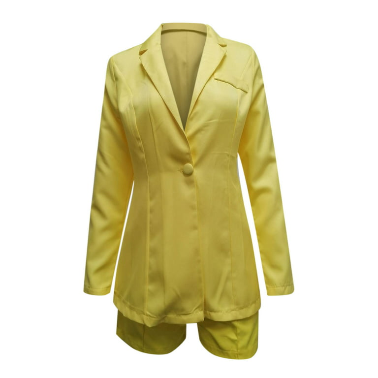 Olyvenn Trendy Slim Blazers Two-piece Suit Elegant for Women Lightweight  Lapel Collar Womens Suit Button Open Front Casual Long Sleeve Blazer Jackets  Solid Slim Fit Business Work Office Yellow 14 