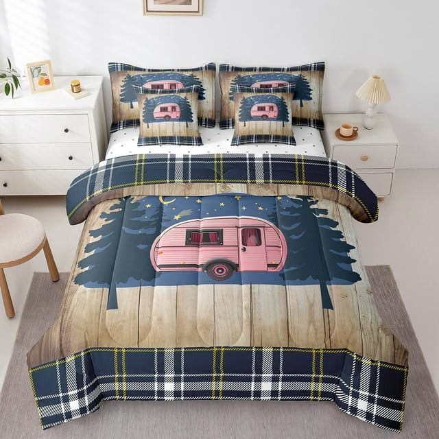 Ensembles de Literie 7 Pcs pour VR Campeur, Décor Rustique de Ferme, Ensembles de Douillette « Bed In A Bag », Courtepointe Imprimée 3D pour Enfants Garçon Fille Ado, Ensemble de Douillette Style Bois « Happy Camping » avec Draps Très Grand 7 Pcs