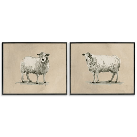 Stupell Industries Beige Sheep Portrait Animals Painting Black Framed Art Print Wall Art, 14 x 11, Set of 2